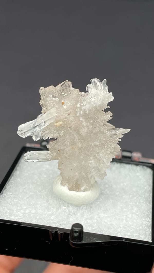 Colourless spiky radiating creedite spray from Guizhou, China, in a display box, detail of the matrix contact