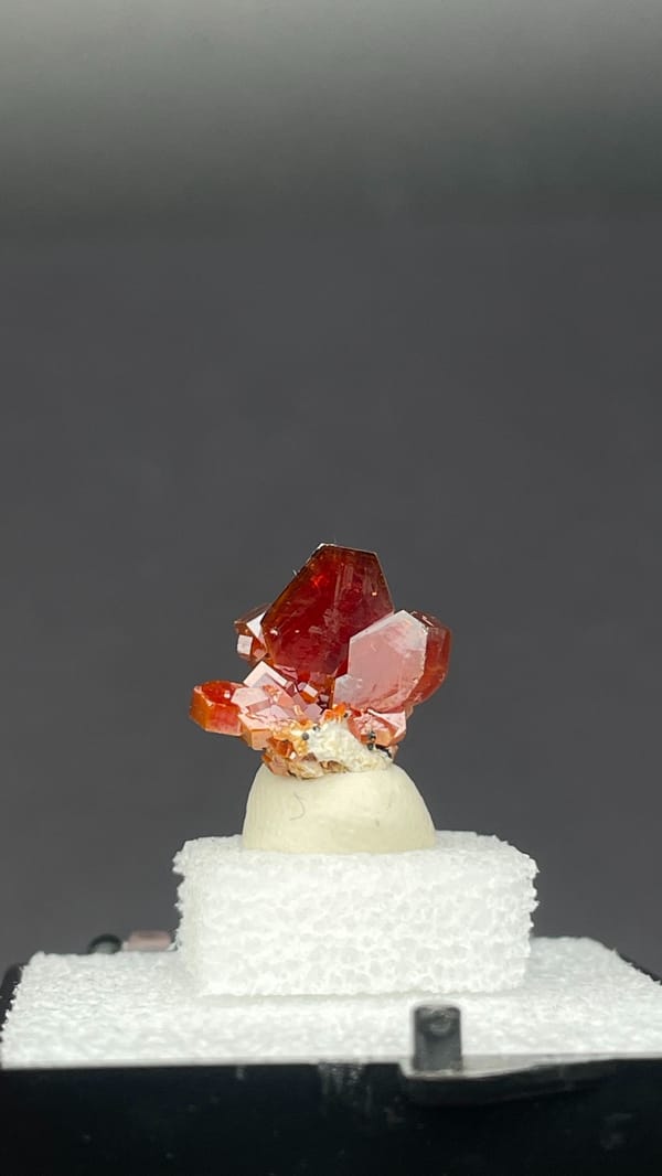 Bright red vanadinite crystal cluster from Morocco, in a display box, detail of the matrix contact