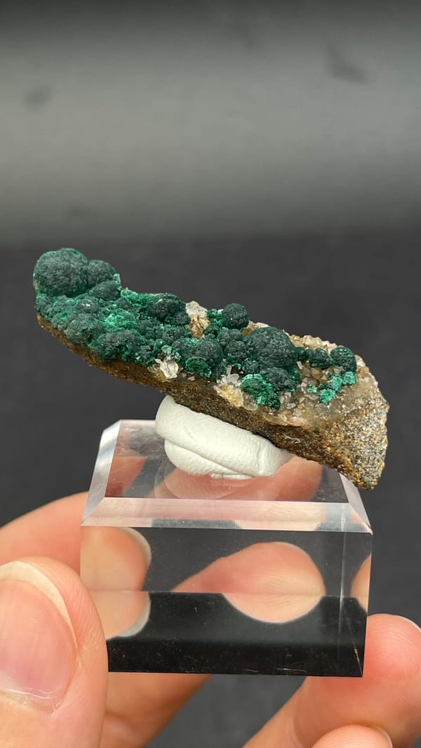 Dark green botryoidal malachite balls on a thin rock blade from DR Congo, close-up of the crystal faces