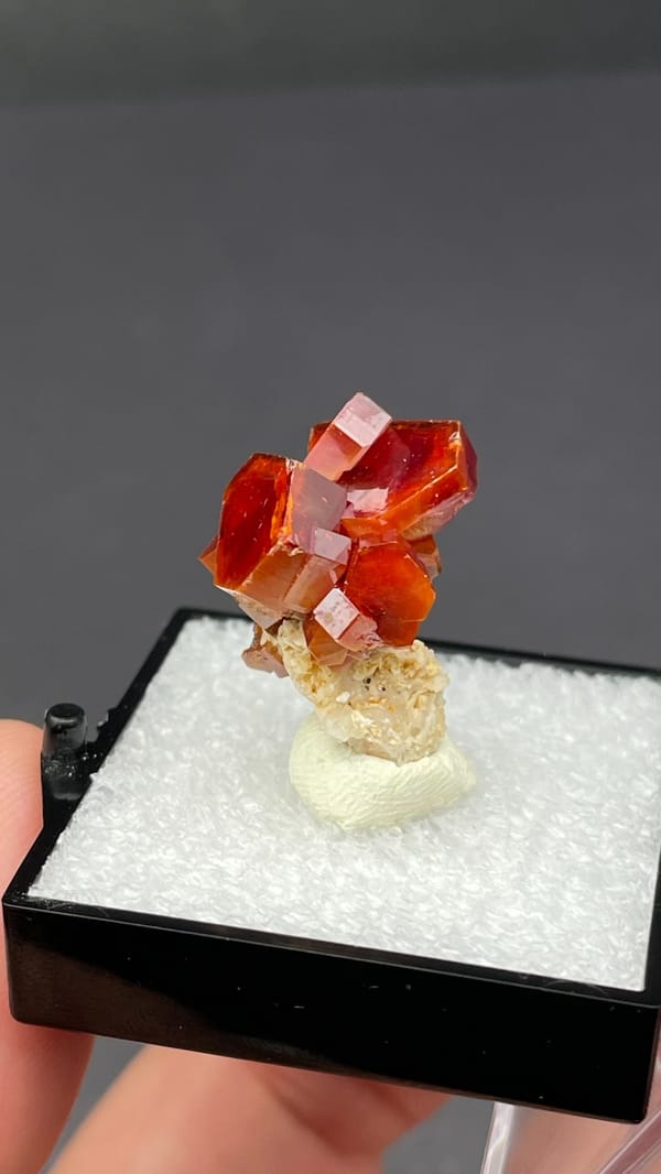 Deep red vanadinite crystal cluster from Morocco, in a display box, close-up of the crystal faces