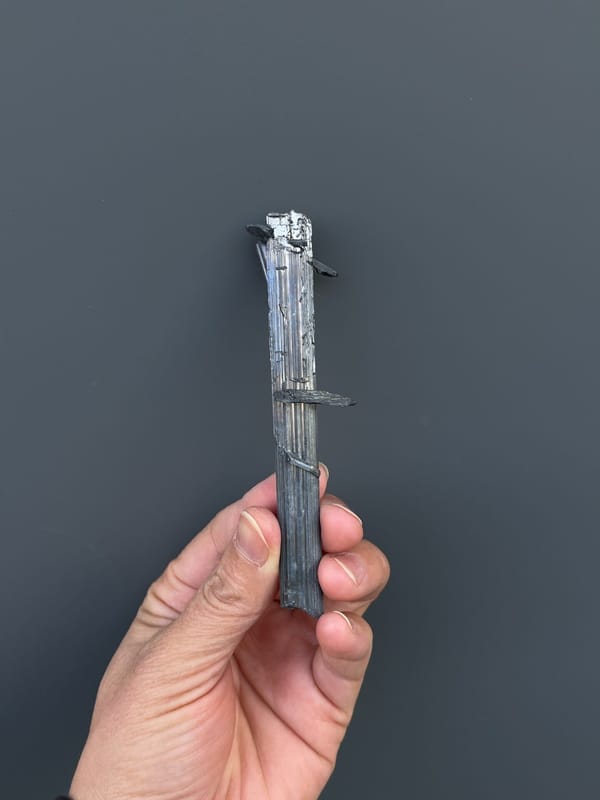 Long silver-grey striated stibnite blade from Yunnan, China, held in hand