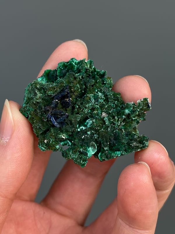 Green malachite crust with dark blue azurite patches from Anhui, China, close-up of the crystal faces