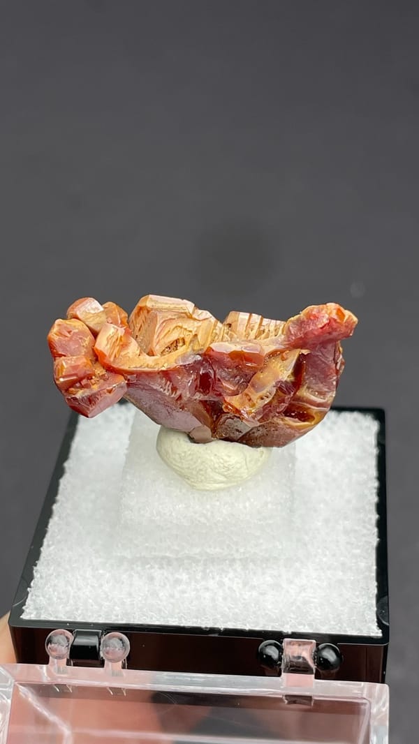 Orange vanadinite plates standing on a tan matrix from Morocco, in a box, detail of the matrix contact