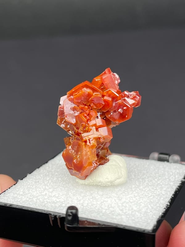 Red-orange vanadinite crystal cluster from Morocco, in a display box, second angle