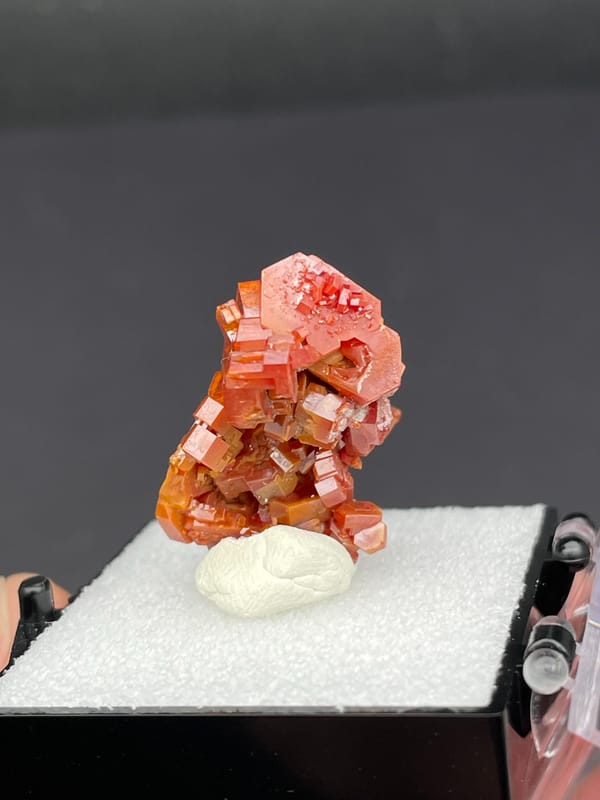 Red-orange vanadinite crystal cluster from Morocco, in a display box, close-up of the crystal faces