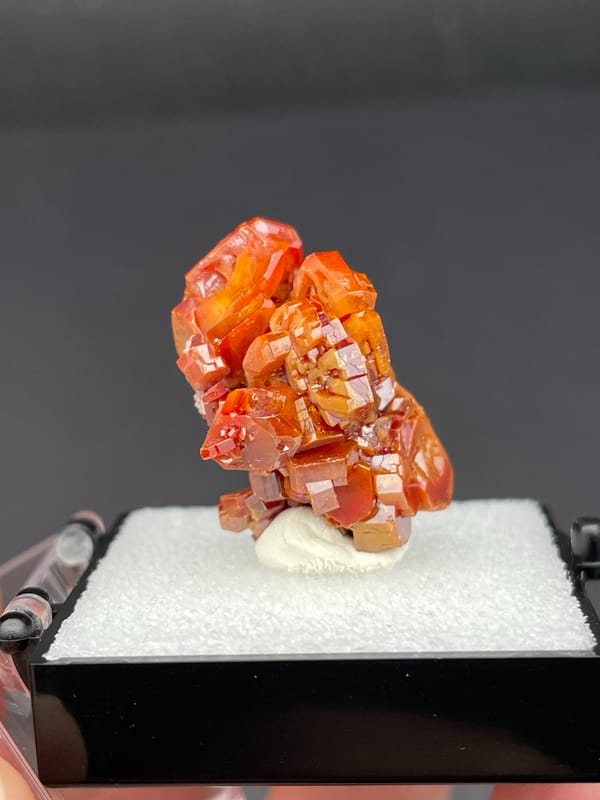 Red-orange vanadinite crystal cluster from Morocco, in a display box, detail of the matrix contact