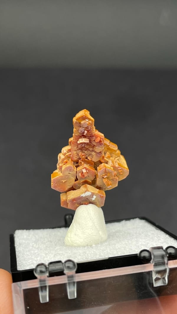 Stacked peach-red vanadinite crystal column from Morocco, in a display box, reverse side