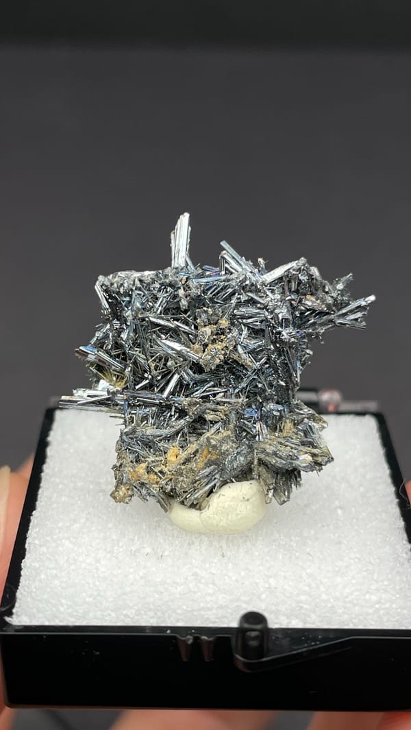 Silver-grey radiating stibnite needle spray from Guizhou, China, in a display box, detail of the matrix contact