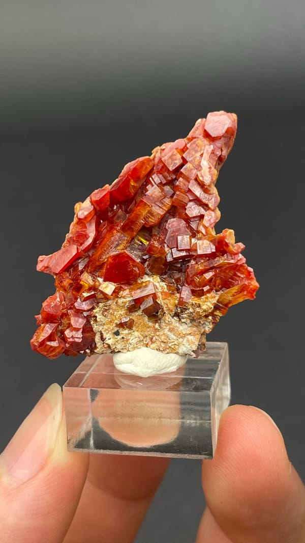 Thin plate stacked with red vanadinite crystals from Morocco, close-up of the crystal faces