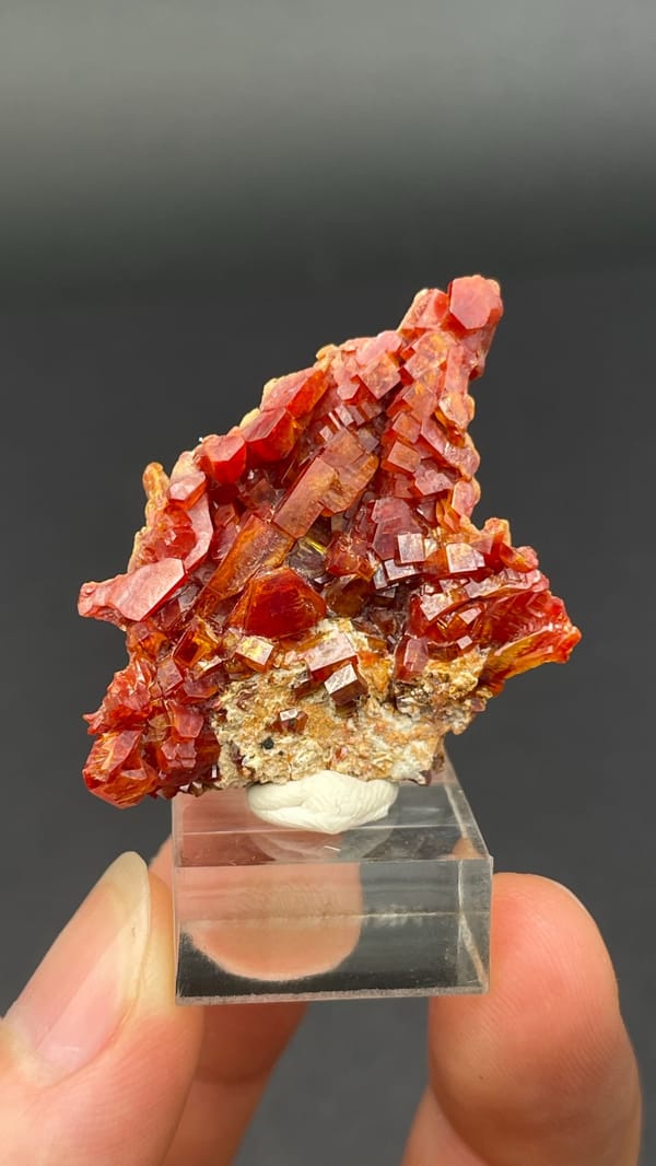 Thin plate stacked with red vanadinite crystals from Morocco, reverse side