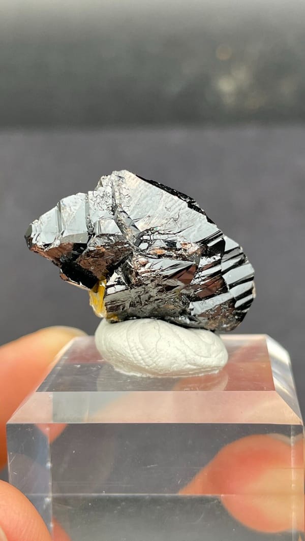 Black lustrous cassiterite crystal group from Xuebaoding, Sichuan, China, top view