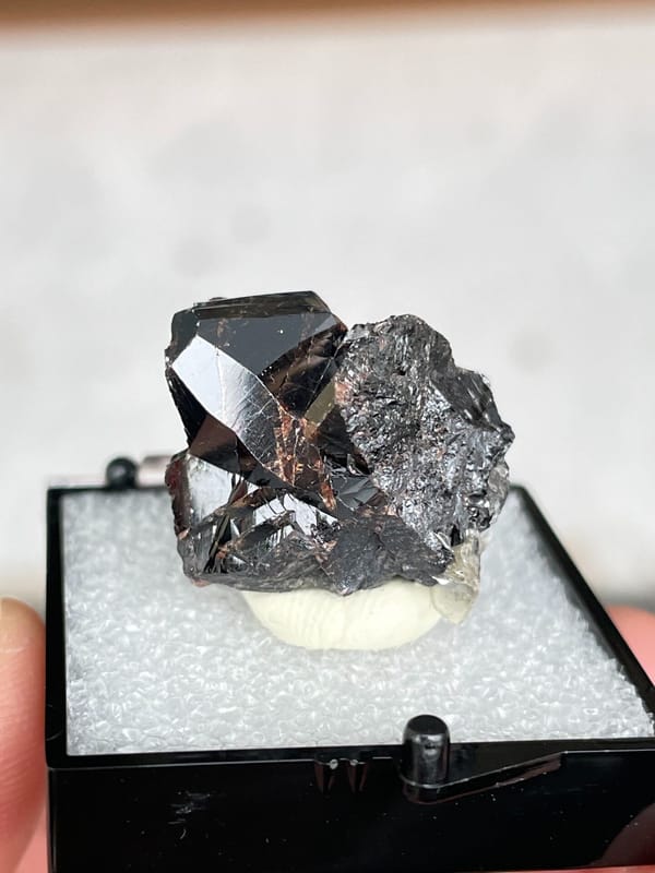Black cassiterite crystal group from Xuebaoding, Sichuan, China, in a box
