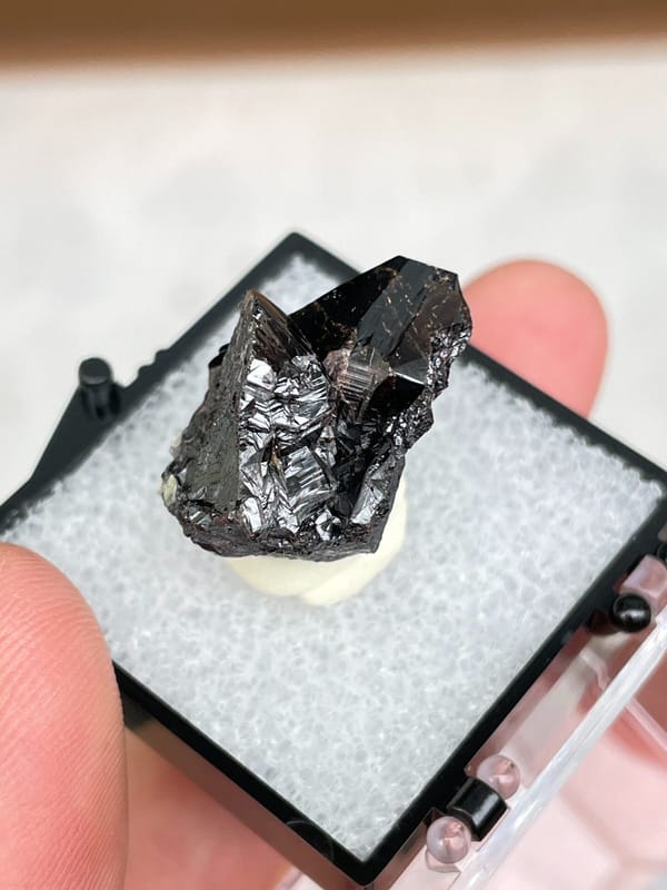 Black cassiterite crystal group from Xuebaoding, Sichuan, China, in a box, reverse side