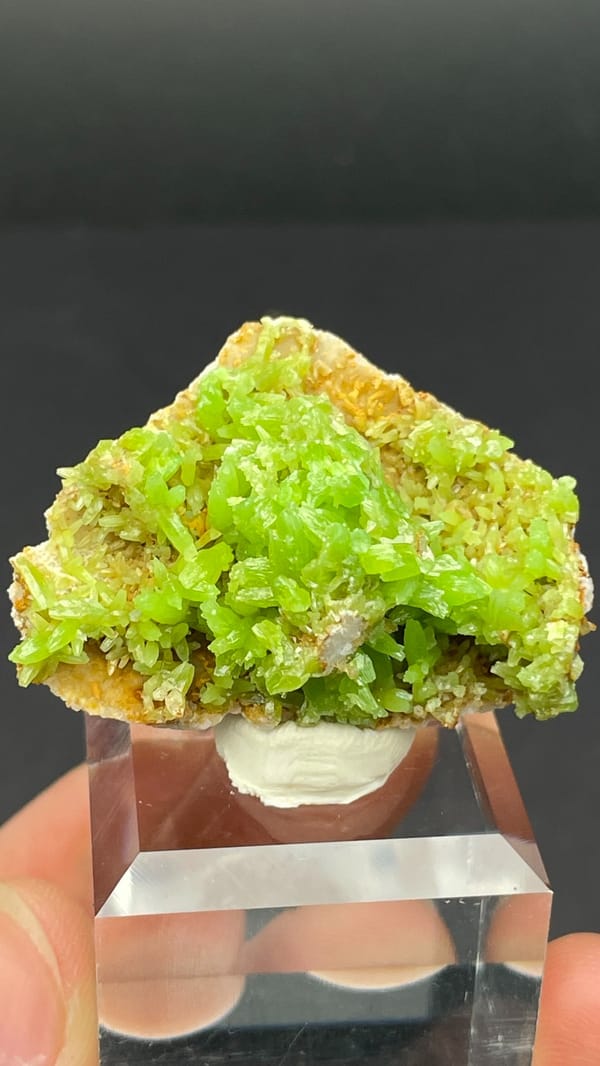 Apple-green pyromorphite crust on tan matrix from Guangxi, China, second angle