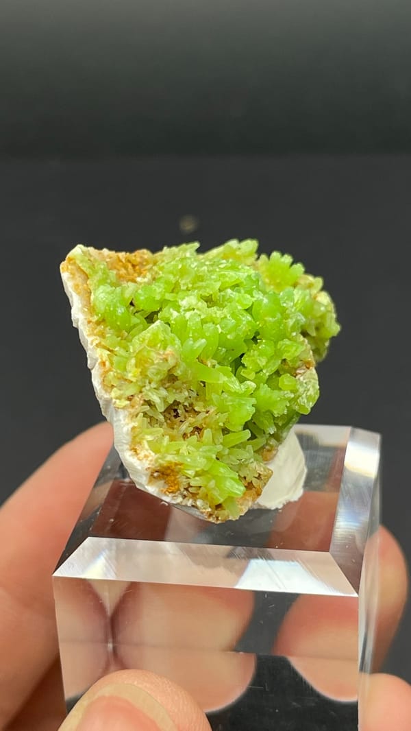 Apple-green pyromorphite crust on tan matrix from Guangxi, China, top view