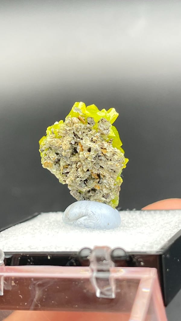 Vivid lemon-yellow pyromorphite cluster on dark base from Guangdong, China, top view
