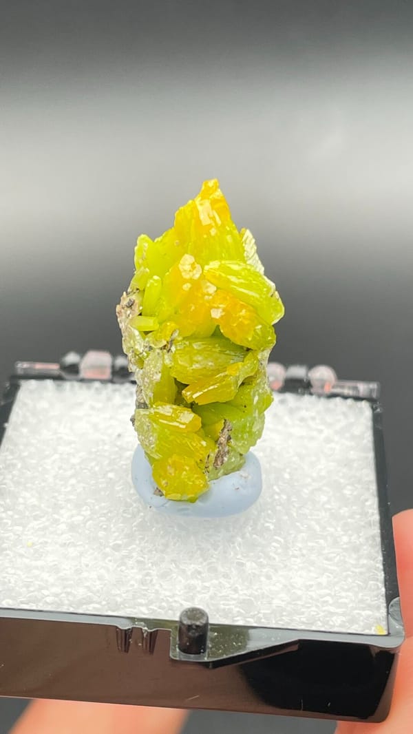 Canary-yellow stacked pyromorphite crystals from Guangdong, China, in a box, second angle