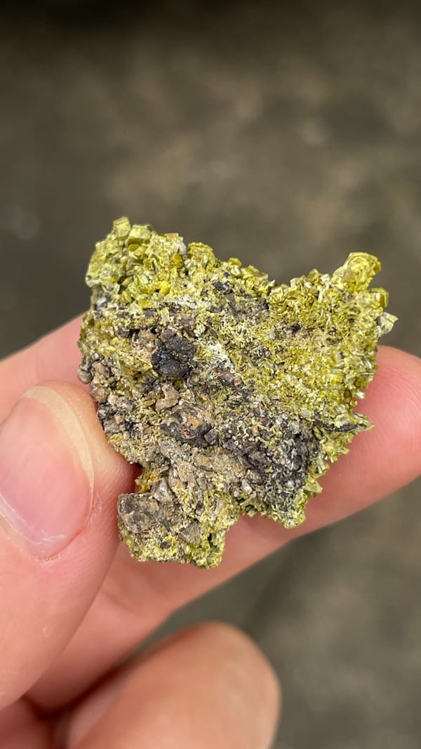 Olive matcha-green pyromorphite crust from Guangdong, China, detail of the matrix contact