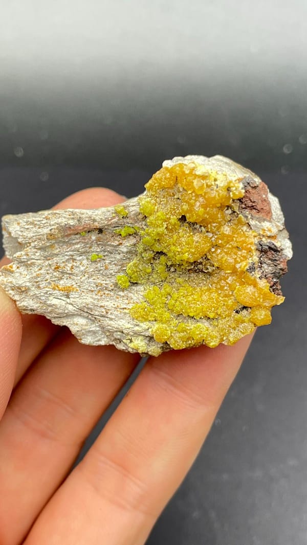Mustard-yellow pyromorphite crust on a grey slab from Guangdong, China, second angle