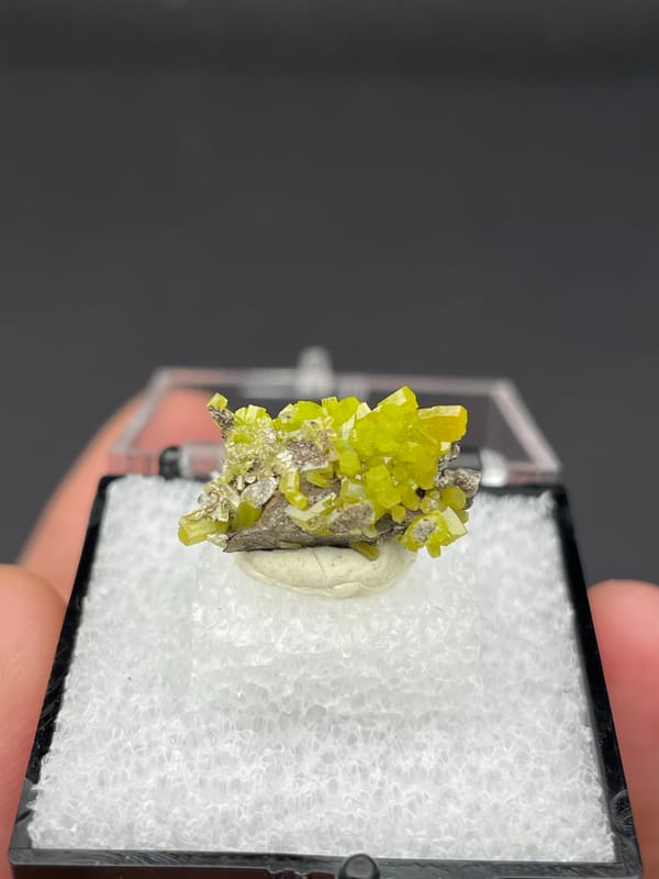Yellow-green pyromorphite crust on grey matrix from Guangdong, China, in a box