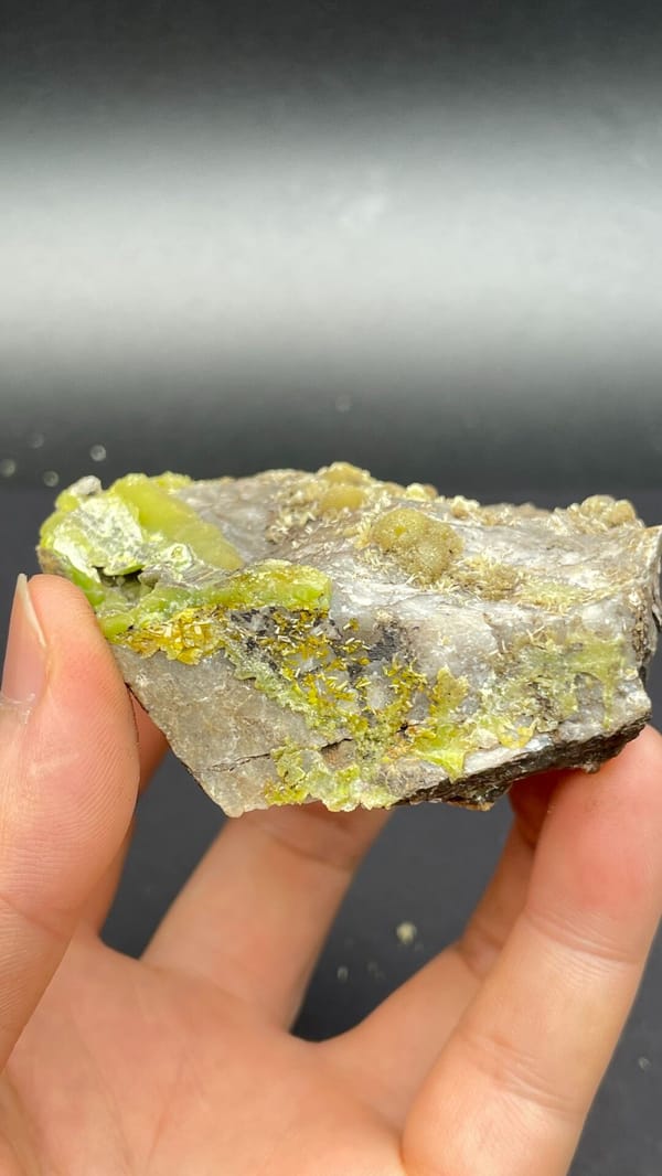Yellow-green pyromorphite patches on a pale quartz rock from Guangdong, China, close-up of the crystal faces