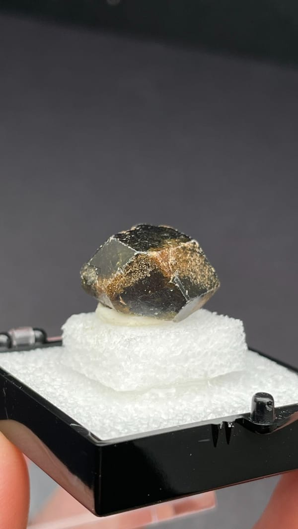 Brown dodecahedral andradite garnet crystal from Handan, Hebei, China, in a box, second angle