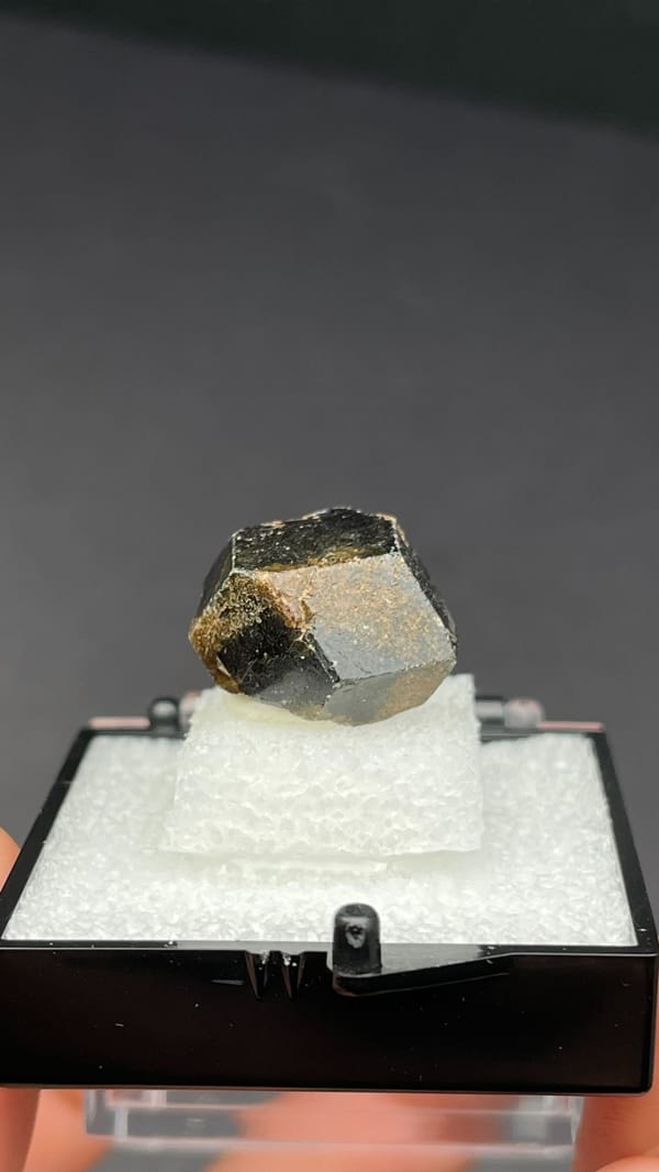 Brown dodecahedral andradite garnet crystal from Handan, Hebei, China, in a box, top view