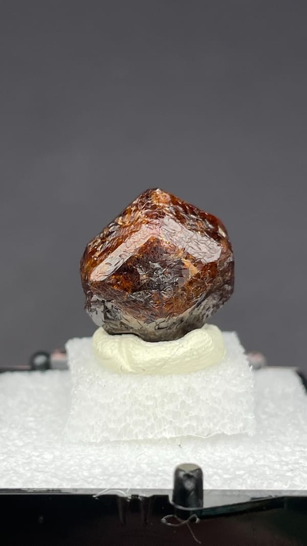 Dark red-brown dodecahedral andradite garnet from Handan, Hebei, China, in a box