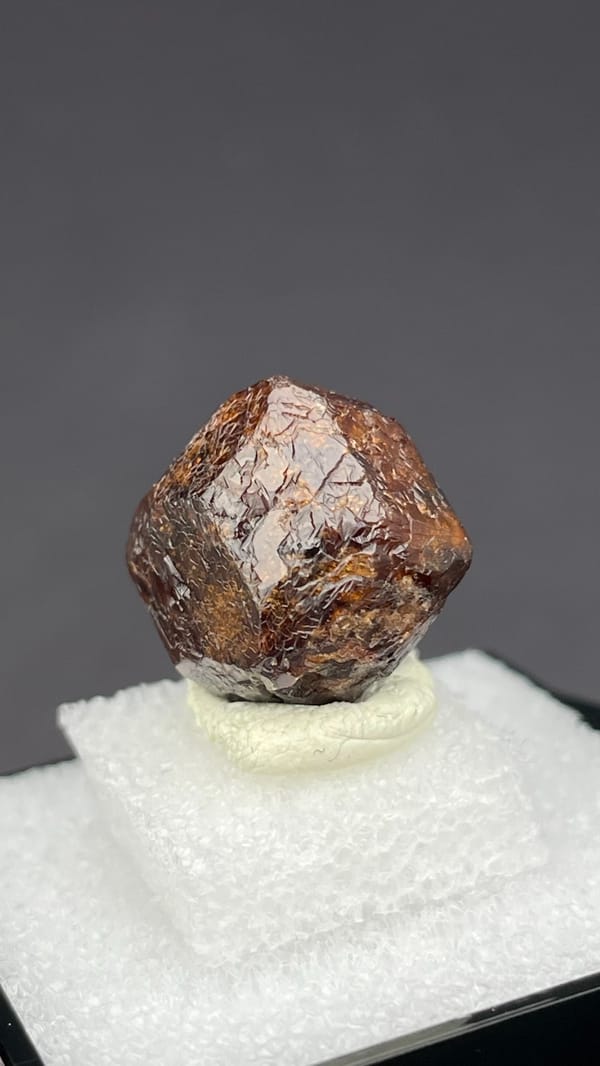 Dark red-brown dodecahedral andradite garnet from Handan, Hebei, China, in a box, reverse side
