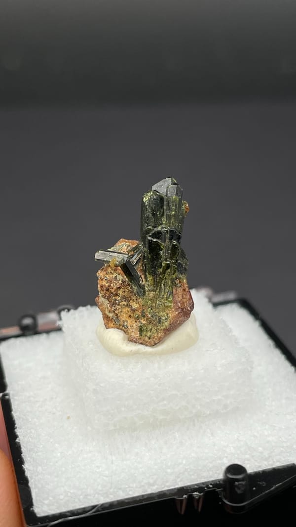 Fan of olive-green epidote blades on brown garnet from Handan, Hebei, China, second angle