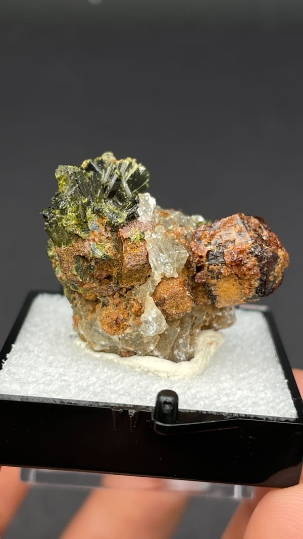 Brown garnet dodecahedra with fanned olive epidote blades, Handan, Hebei, China