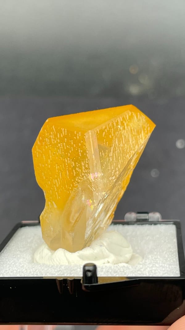 Amber-coloured baryte crystal from Jinkouhe, Sichuan, China, in a display box