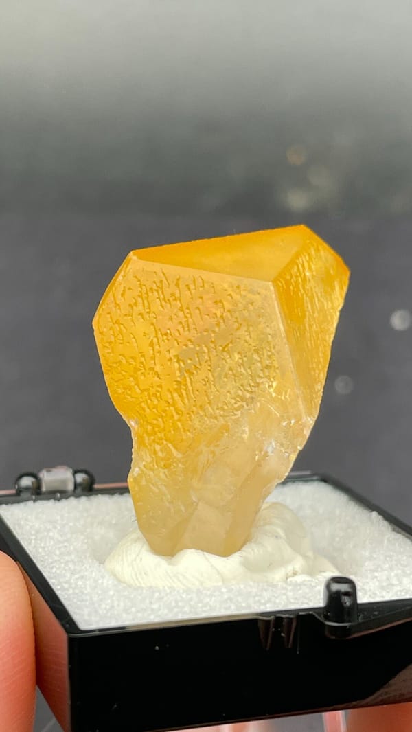 Amber-coloured baryte crystal from Jinkouhe, Sichuan, China, in a display box, second angle