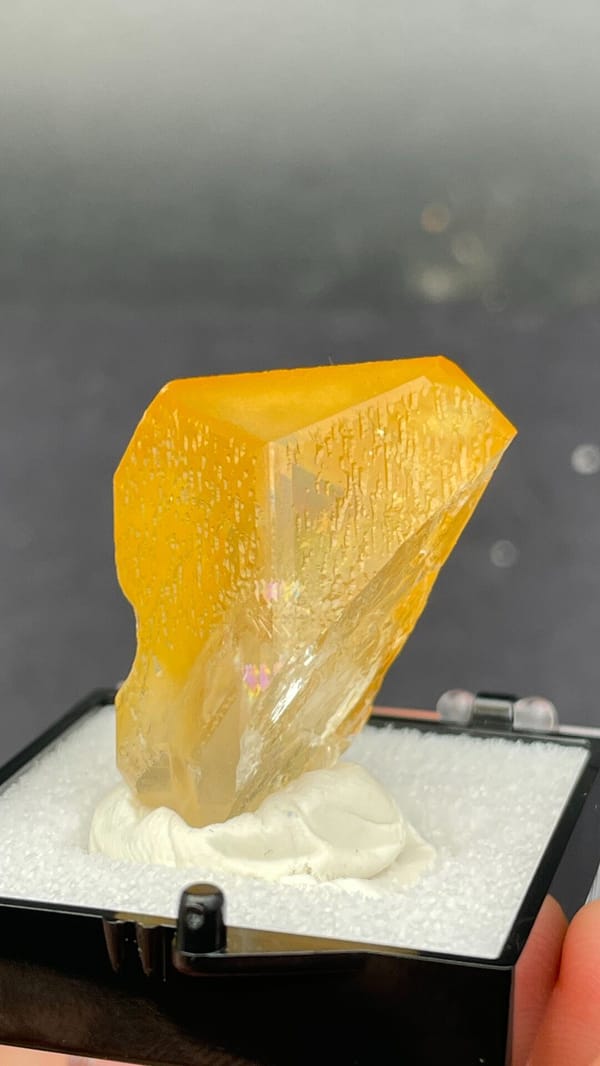 Amber-coloured baryte crystal from Jinkouhe, Sichuan, China, in a display box, close-up of the crystal faces