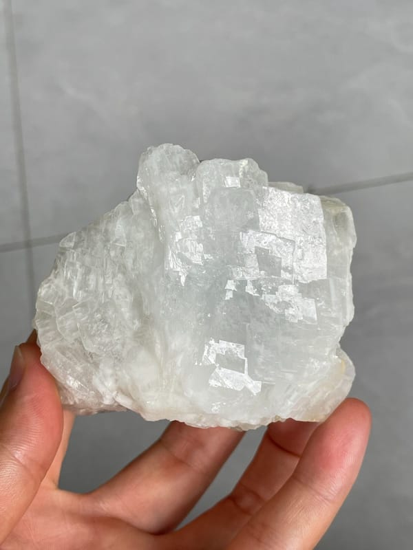 Large white-grey blocky baryte crystal group from Jinkouhe, Sichuan, China, reverse side