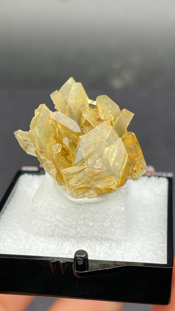 Golden-yellow baryte crystal cluster from Yunnan, China, in a display box