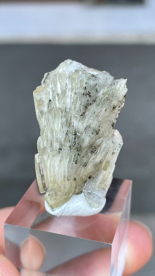 Pale grey-green bladed baryte from Morocco, on an acrylic stand