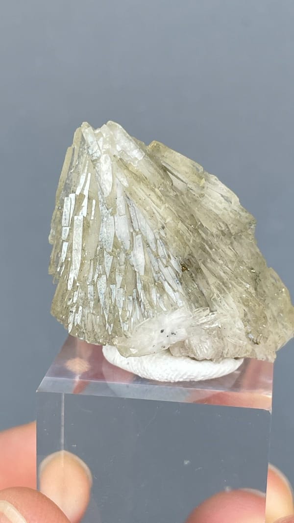Pale straw-coloured bladed baryte fan from Morocco, on an acrylic stand, close-up of the crystal faces