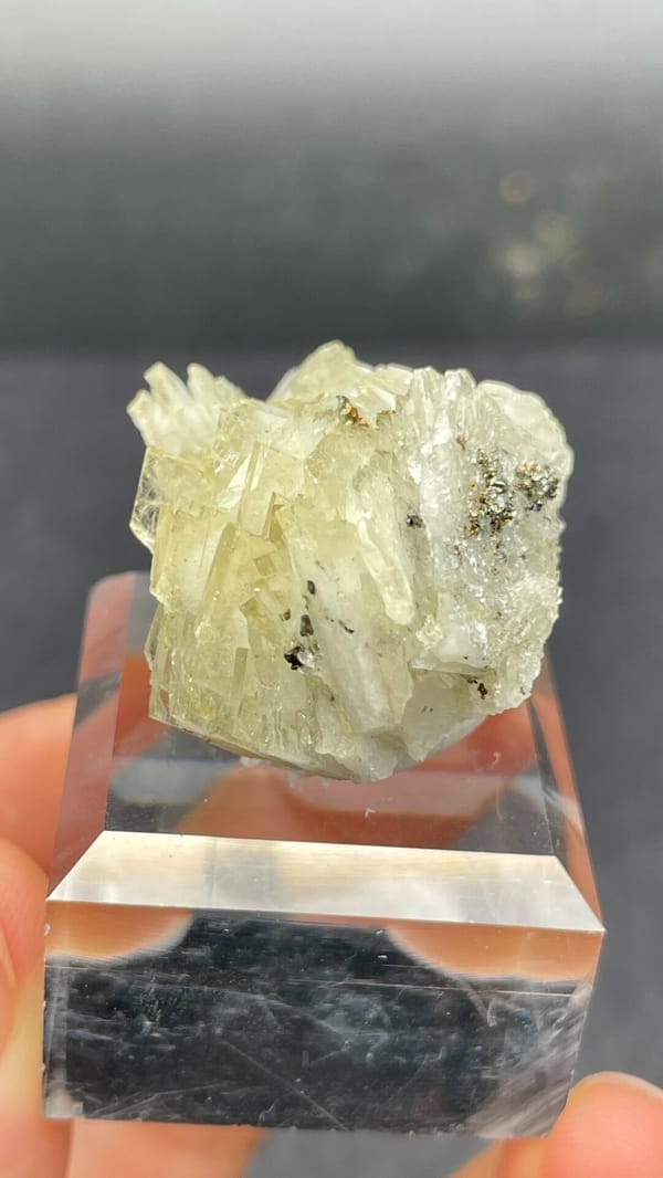 Pale straw-yellow bladed baryte fan from Morocco, on an acrylic stand, reverse side