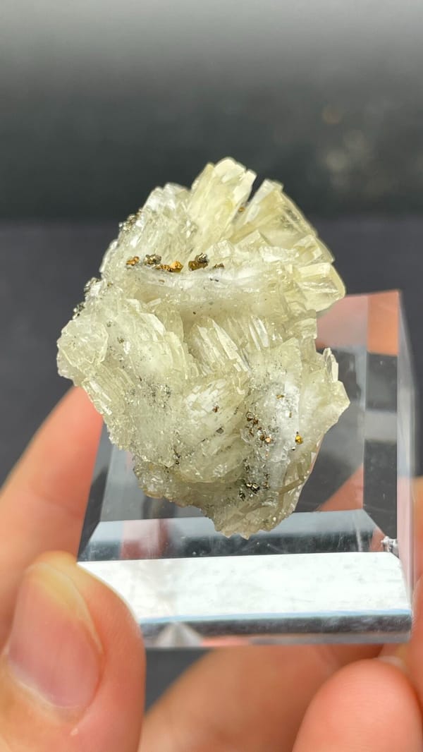 Pale straw-yellow bladed baryte fan from Morocco, on an acrylic stand, detail of the matrix contact