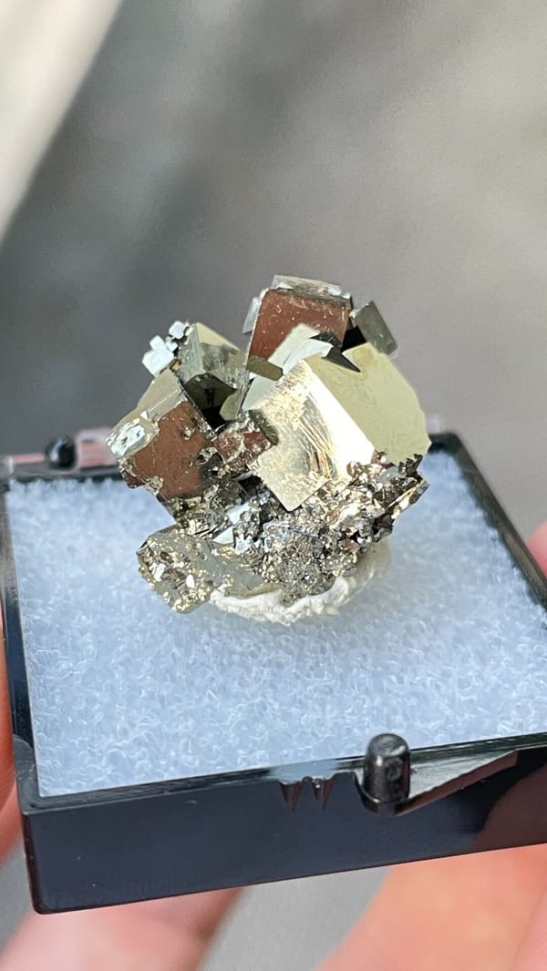 Bright brassy pyrite crystal cluster from Hubei, China, in a display box