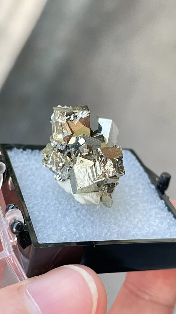 Bright brassy pyrite crystal cluster from Hubei, China, in a display box, second angle
