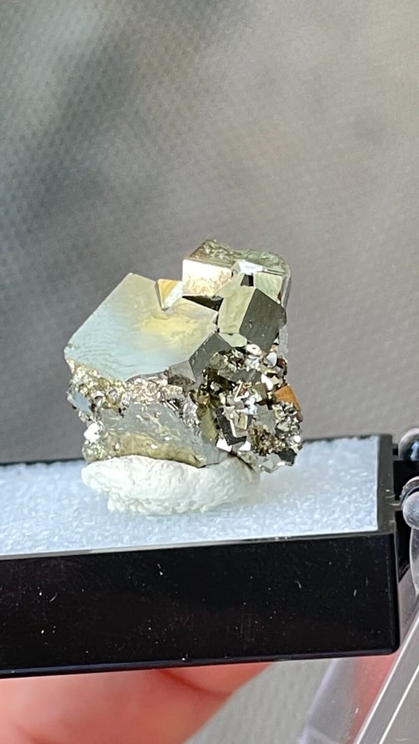 Bright brassy pyrite crystal cluster from Hubei, China, in a display box, reverse side
