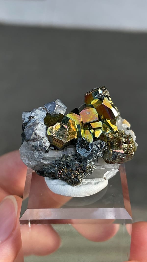 Iridescent pyrite crystals with grey galena from Peru, on an acrylic stand, close-up of the crystal faces