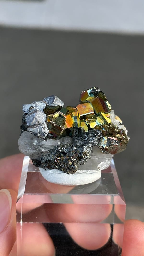 Iridescent pyrite crystals with grey galena from Peru, on an acrylic stand, top view