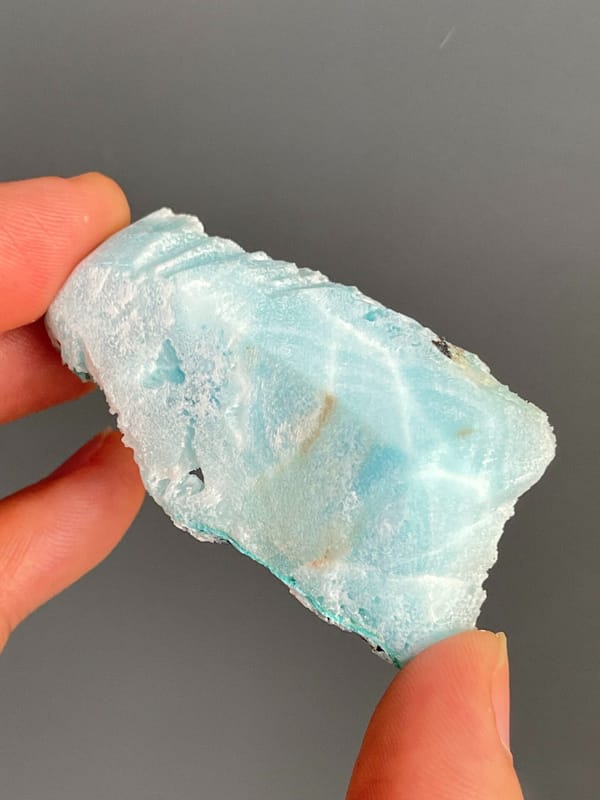Turquoise-blue fibrous aragonite slab from Sichuan, China, side view
