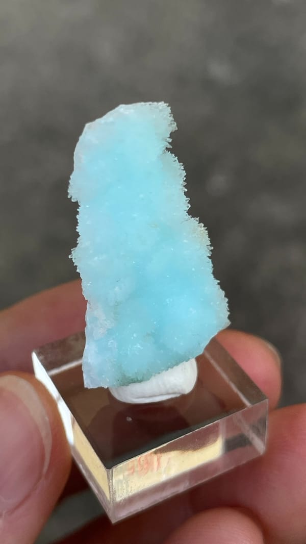 Sky-blue needle aragonite crust from Yunnan, China, on an acrylic stand, reverse side