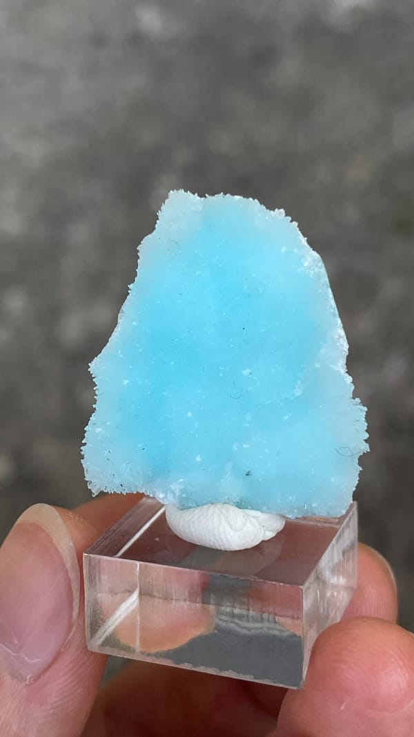 Sky-blue fibrous aragonite crust from Yunnan, China, on an acrylic stand, second angle