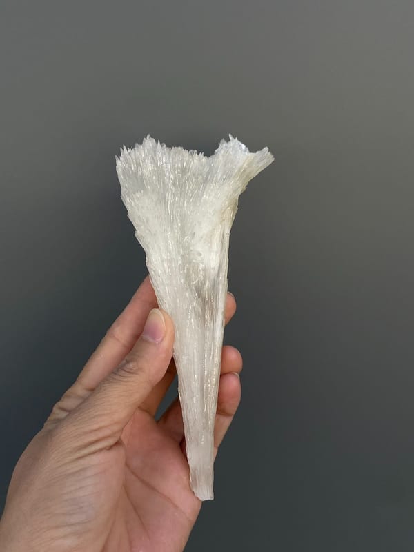 Long white fibrous aragonite fan from Guizhou, China, held in hand