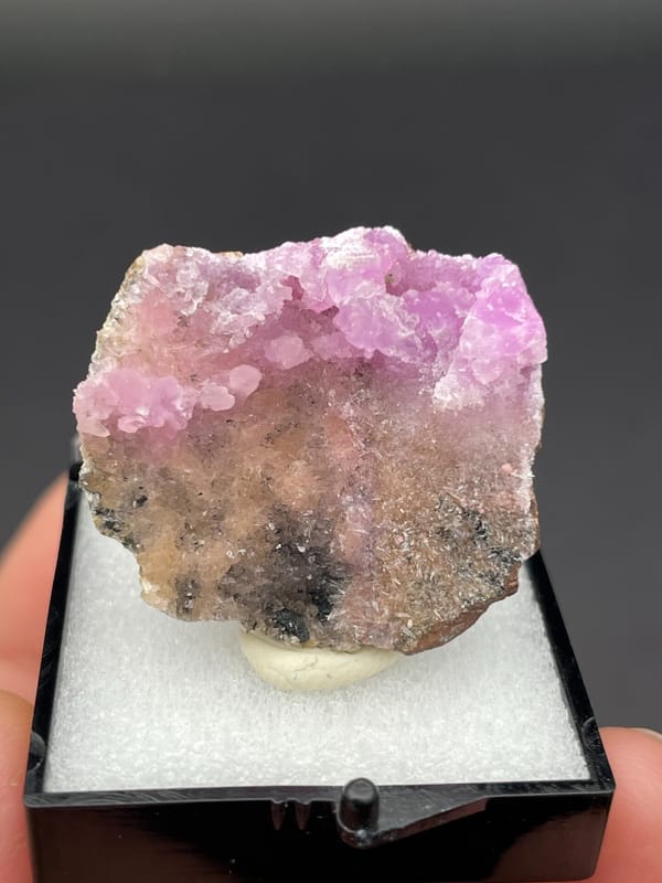 Magenta-pink botryoidal aragonite crust on pale slab from Yunnan, China, in a box, close-up of the crystal faces